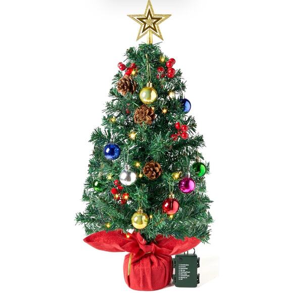 Joiedomi 24"/2FT Prelit Tabletop Christmas Tree Holly Berries Red Base New - Picture 1 of 7